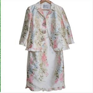 VTG Rickie Freeman for Teri Jon Silk Taffeta Floral Pastel Dress+Jacket Set✨️12
